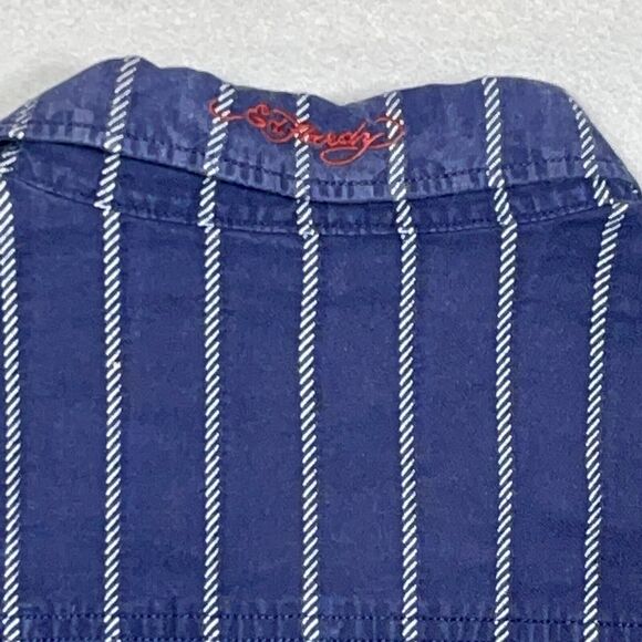 Ed Hardy Shirt Reverse Print Size XXL Striped Blue Pocket Cotton‎ VTG Y2K - Picture 8 of 9